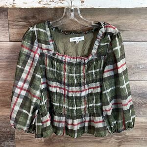 KAY + JAY  Bubble Sleeve Smocked Ruffled Cropped Blouse SZ Small Dark Green Red